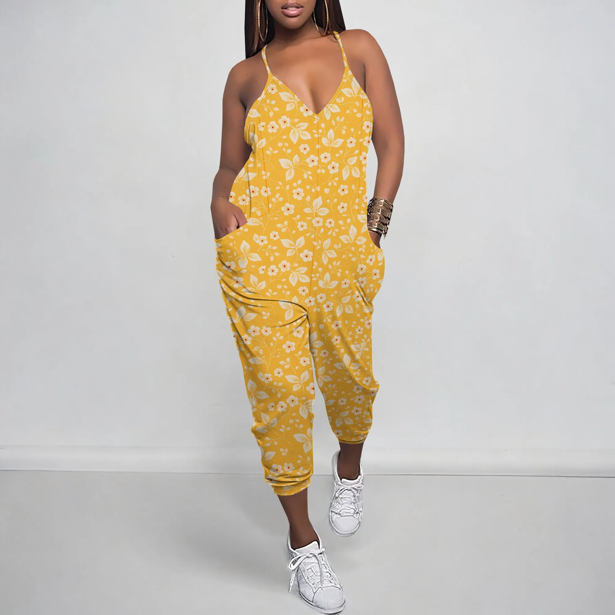 Estate nuova tuta da donna elastica allentata stampata multicolore con scollo a V profondo senza maniche tracolla sottile con tracolla e tasca