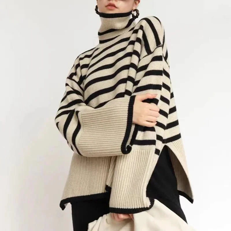 

Striped Turtleneck Sweater Women's Long-sleeved Loose Outer Slit Top Warm Thickened Knit Casual Streetwear Tops