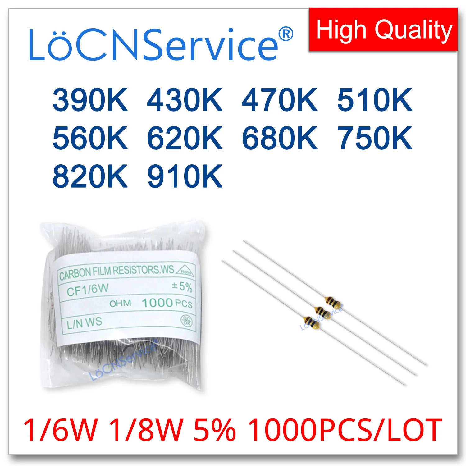LoCNService 1000 шт./лот 5% 1/6 Вт 1/8 Вт 390 К 430 К 470 К 510 К 560 К 620 К 680 К 750 К 820 К 910 К Резистор из углеродной пленки DIP OHM