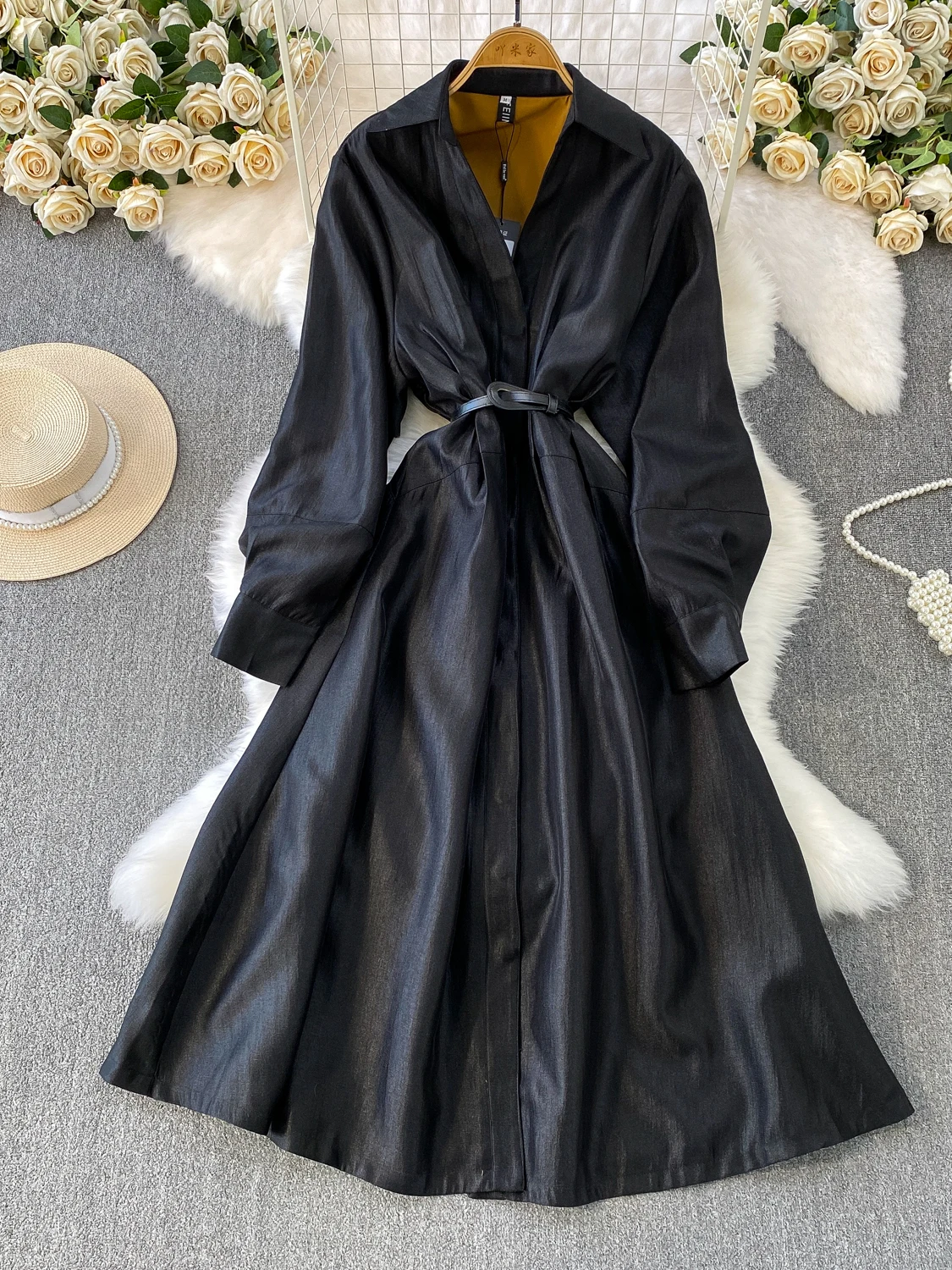 Superaen estilo francês retro cetim com decote em v vestido feminino outono nova cintura plissada elegante único breasted vestidos longos