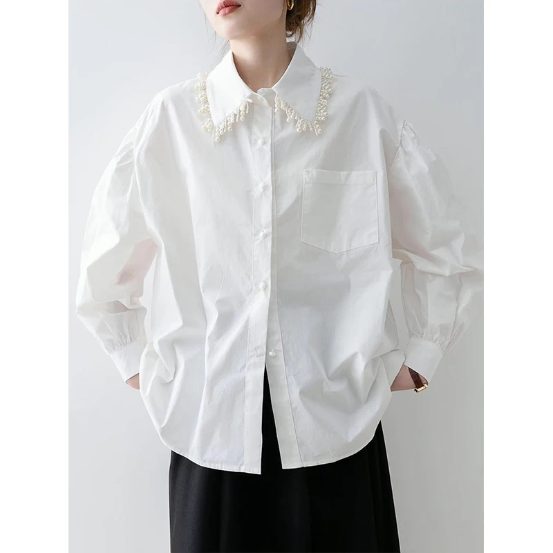 MEXZT Elegant เสื้อสีขาวผู้หญิงแฟชั่นประดับด้วยลูกปัด Patchwork เสื้อสํานักงานสุภาพสตรีเกาหลีแขนยาวออกแบบกระเป๋าเสื้อลําลอง