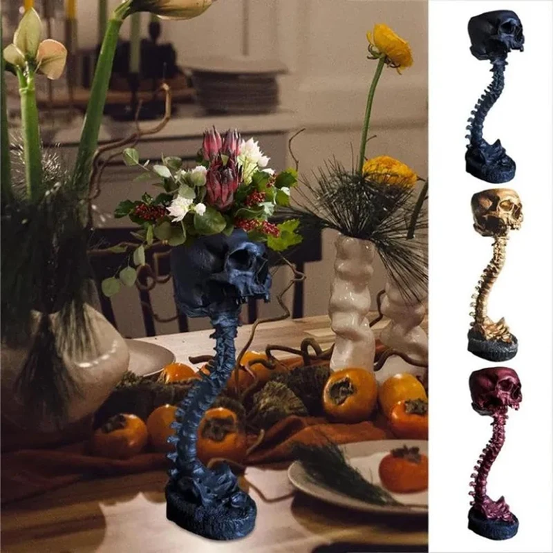

Resin Skull Planter & Spine Stand Set, Polyresin Skulls Pot, Halloween Decoration Retro Human Skull Head Flower Durable Silver