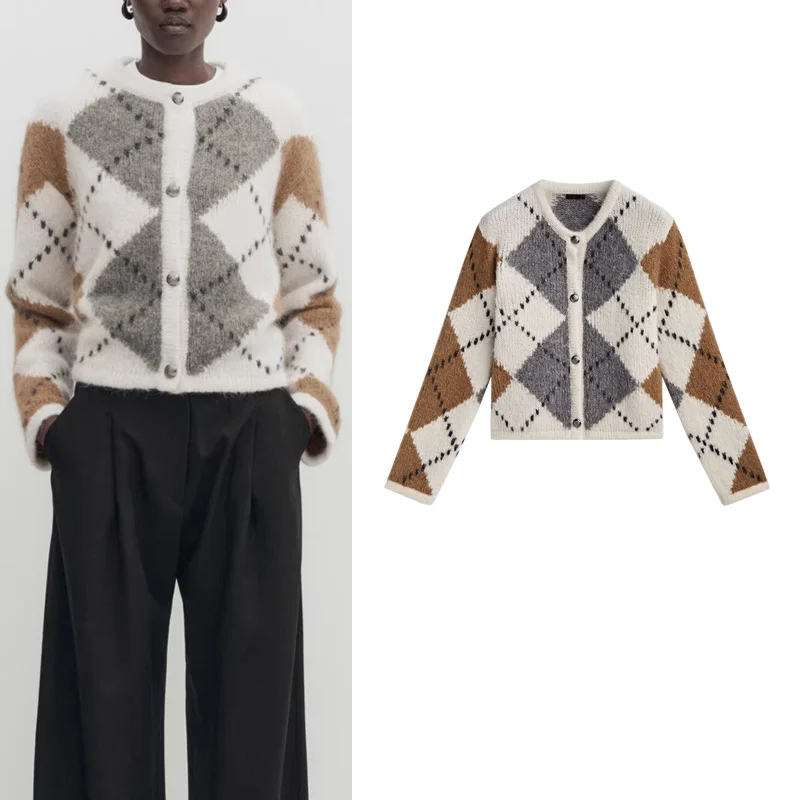 

Loose round Ne Knitted Sweater Diamond Pattern College Sle ort Coat Autumn Winter New Arrival Women's Polyester Fiber