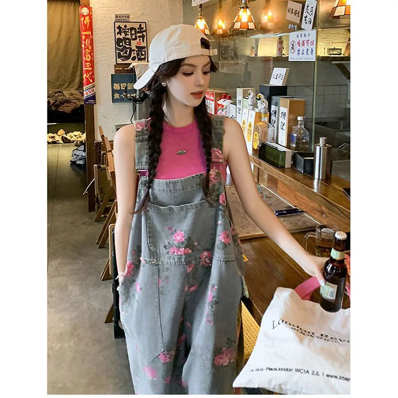 Damesmode Retro bedrukt denim slabbetje Dames zomer nieuw ontwerp gevoel leeftijdverminderende losse en comfortabele wijde pijpen broek