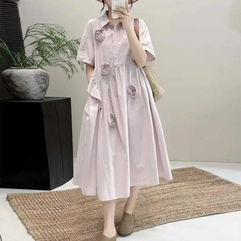 

Japanese Sweet Mori Girl 3D Flower Asymmetrical Dress Women Summer Turn Down Collar Short Sleeve Casual Loose Midi Dresses