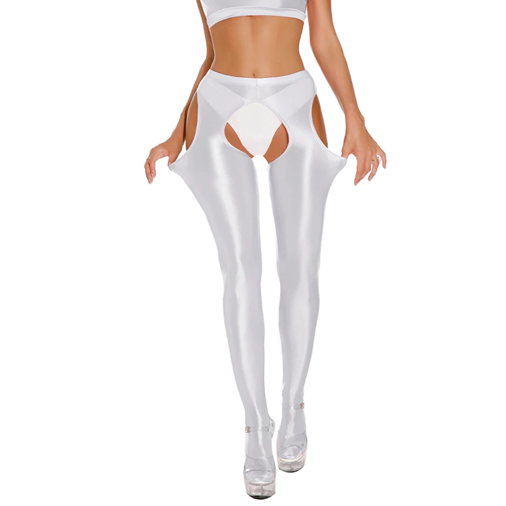 

Stage Performance Costume Women Glossy Sheer Leggings Stretchy Skinny Trousers Open Crotch Ladies Pants