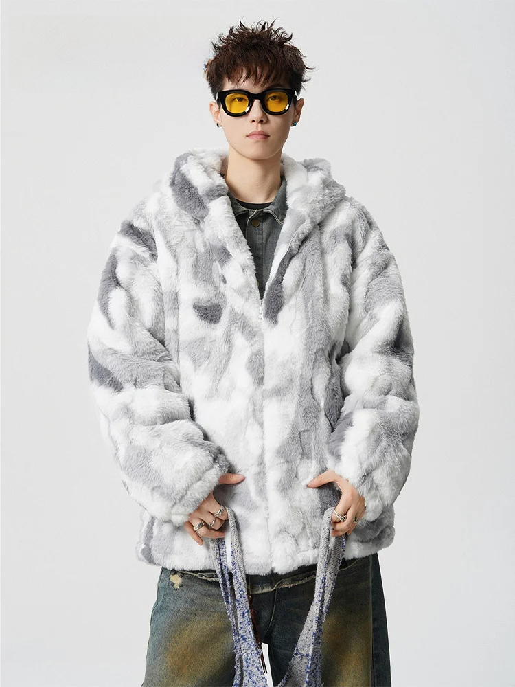 

Men's Thiened Cotton Jaet Rabbit Fur Dyed Hoodie Winter Warm Outerwear Casual Youth Faion Polyester Long Sve Zipper