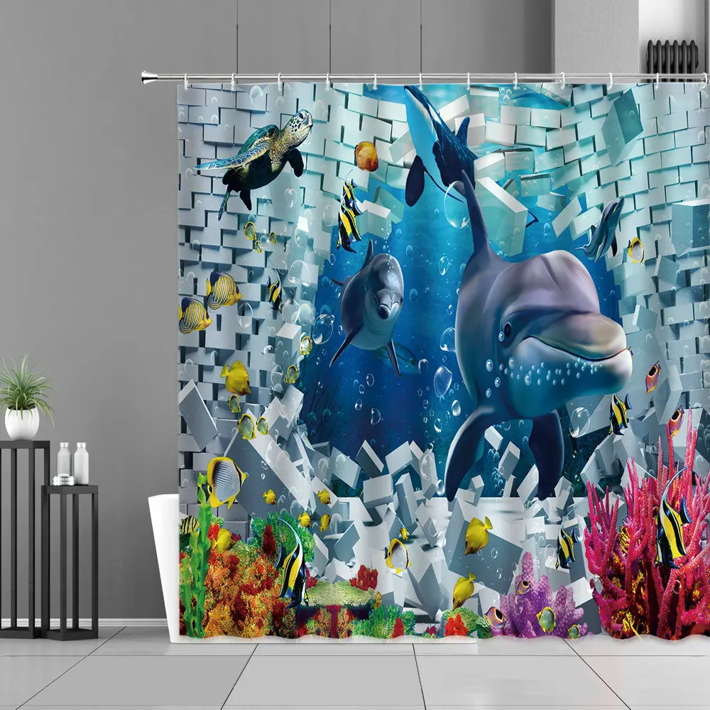 Animal Shark Tropical Fish Ocean Scenery Shower Curtain Set Waterproof Underwater World Bathroom Screen