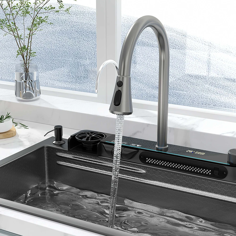 Modern Multifunction Rectangular Stainless Steel Single Bowl Waterfall Rainfall Digital Display Piano Key Kitchen Sink