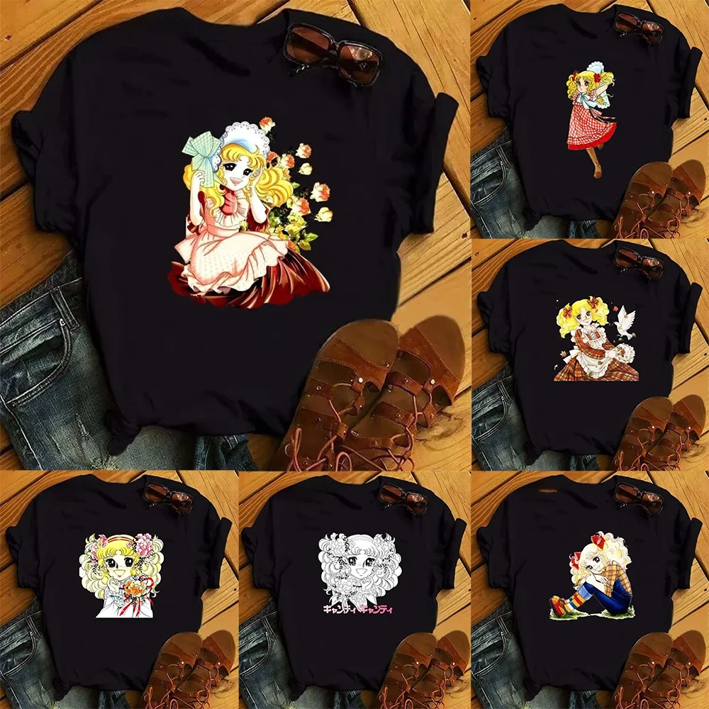 

Kawaii Anime Candy T-shirt for Women Cute Black Short-sleeved Harajuku Print T-shirt Pattern T-shirt for Women Vintage Y2k Top