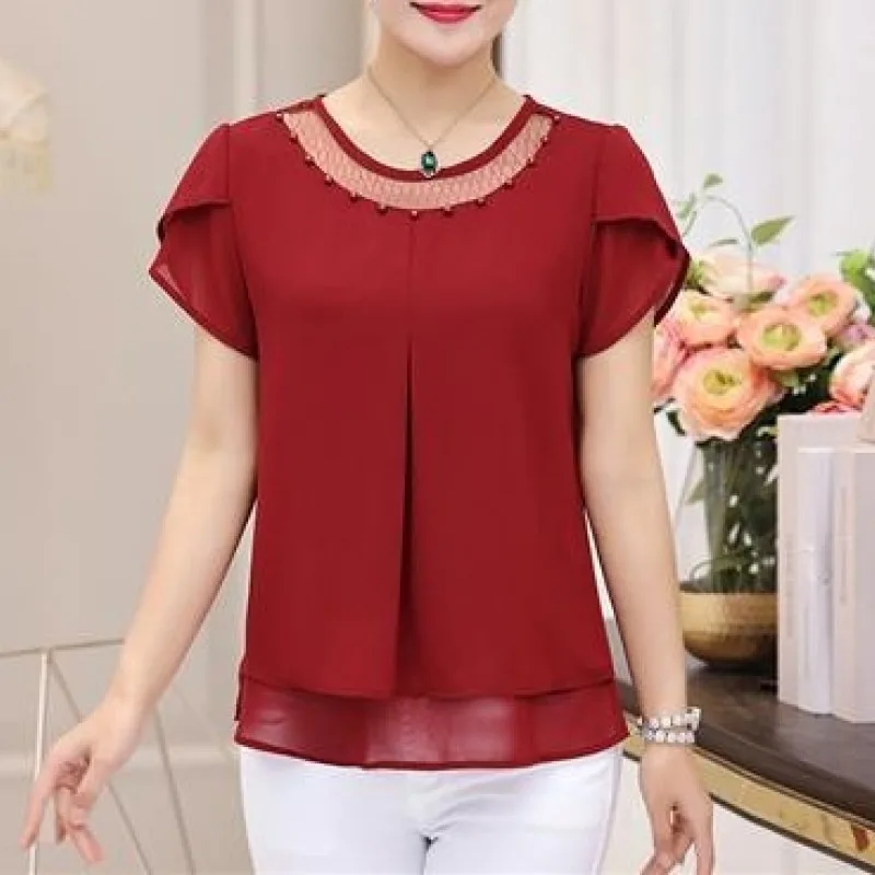 Women\'s Tshirt Summer Short Sleeve Large Chiffon Fashion Crew Neck Gauze Hollow Out Patchwork Blouse Loose Fashion Elegant Tops