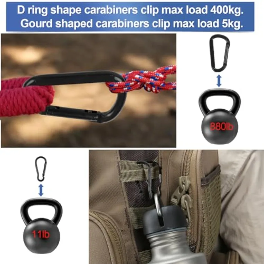 مشبك حلقة تسلق شديد التحمل من [العلامة التجارية] مجموعة مكونة من 850 رطلًا مكونة من 3 قطع: على شكل حرف D + طقم مكون من قطعتين على شكل قرع مكون من 6 حلقات مفاتيح خطافات زنبركية باللون الأسود للخارج