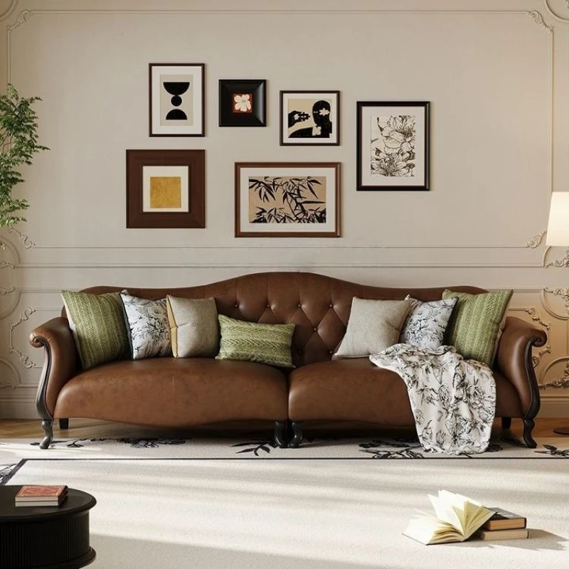 

Leather sofa retro small apartment antique living room clouds French straight row