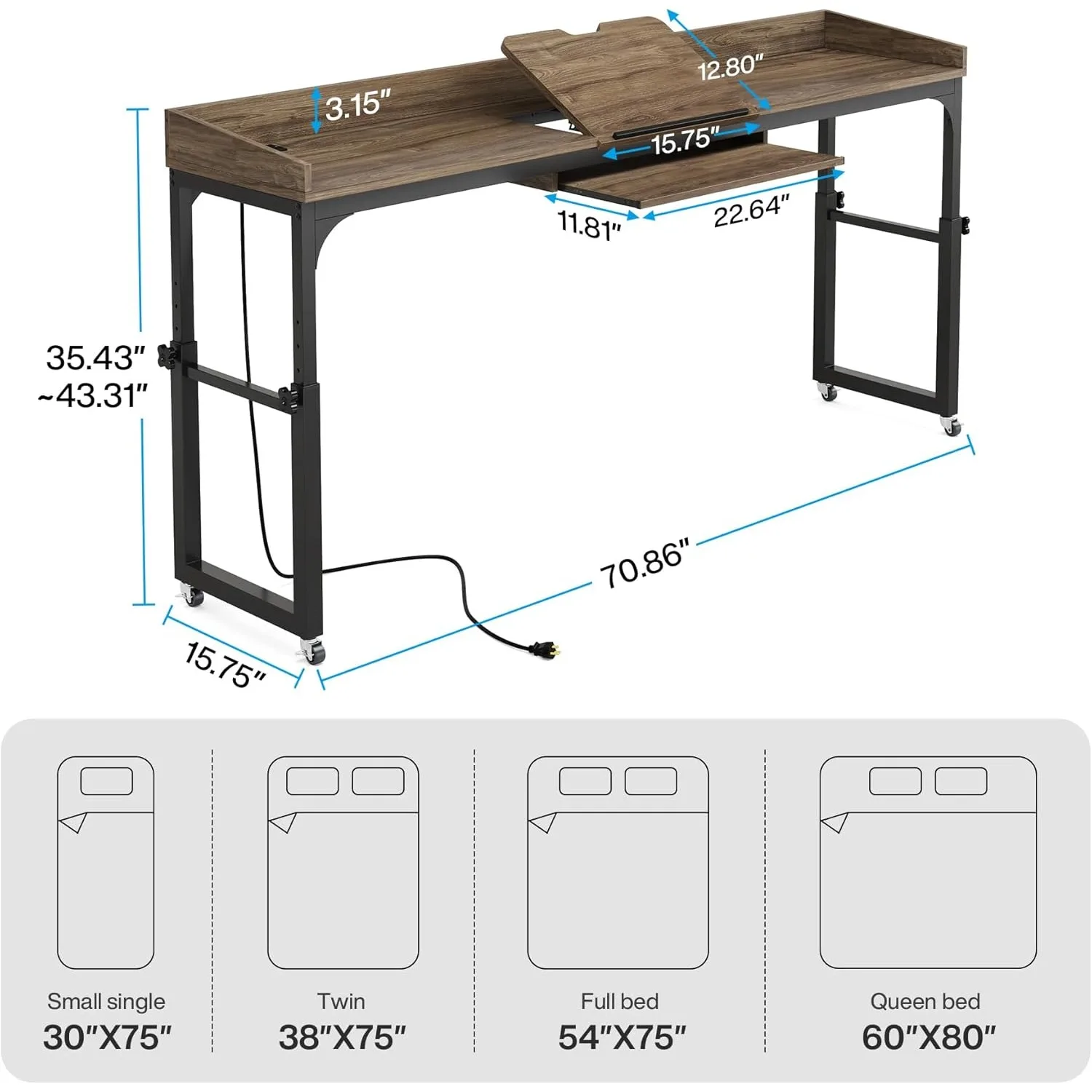Table with Wheels, Queen Size Over Bed Desk with Adjustable, Mobile Laptop Cart Computer Desk