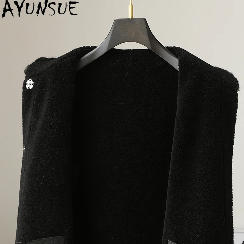 AYUNSUE 100% Wool Fur Coat Women Clothes Winter Jacket Warm Mink Fur Collar Mid-length Sheep Shearling Coats Woman 2025 Printed