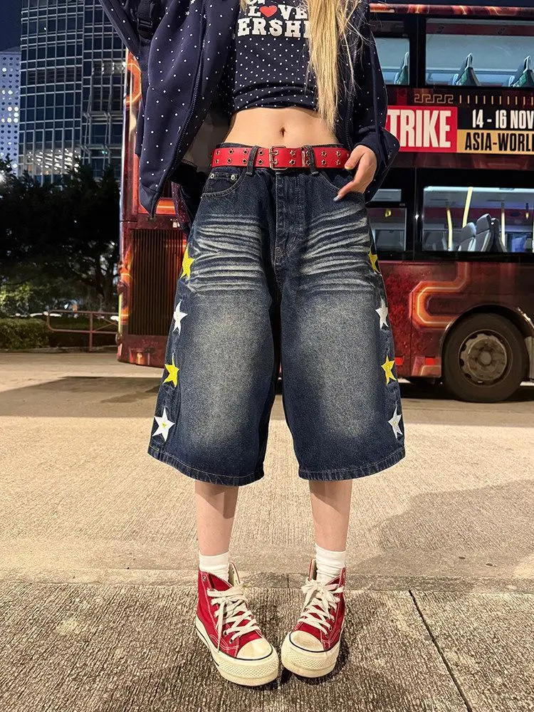 

Retro Star Embroidery Wide Leg Jeans High Waist Zipper Closure Comfortable Casual Summer Denim Pants for plus Size Women