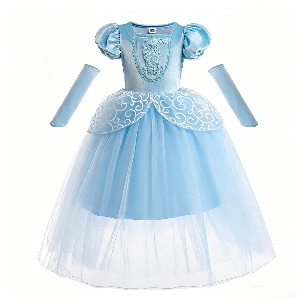 Cinderella Blaues Kurzarm-Kleid Komplettset mit Langen Handschuh-Ärmeln für Mädchen Geburtstag Ball Halloween Cosplay Kostüm – Detail 3