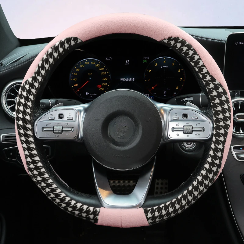 Houndstooth Car Steering Wheel Cover Winter Warm Anti-freeze Anti-slip Handlebar for Car Cover 14.96in Auto Interior Accessories