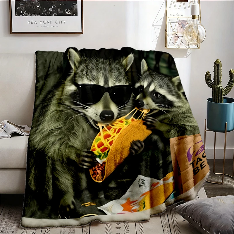 Raccoon Taco Bell Meme Flannel Blanket, Funny Trash Panda Flannel Throw, Vintage Taco Lover Cozy Blanket, Funny Animal L
