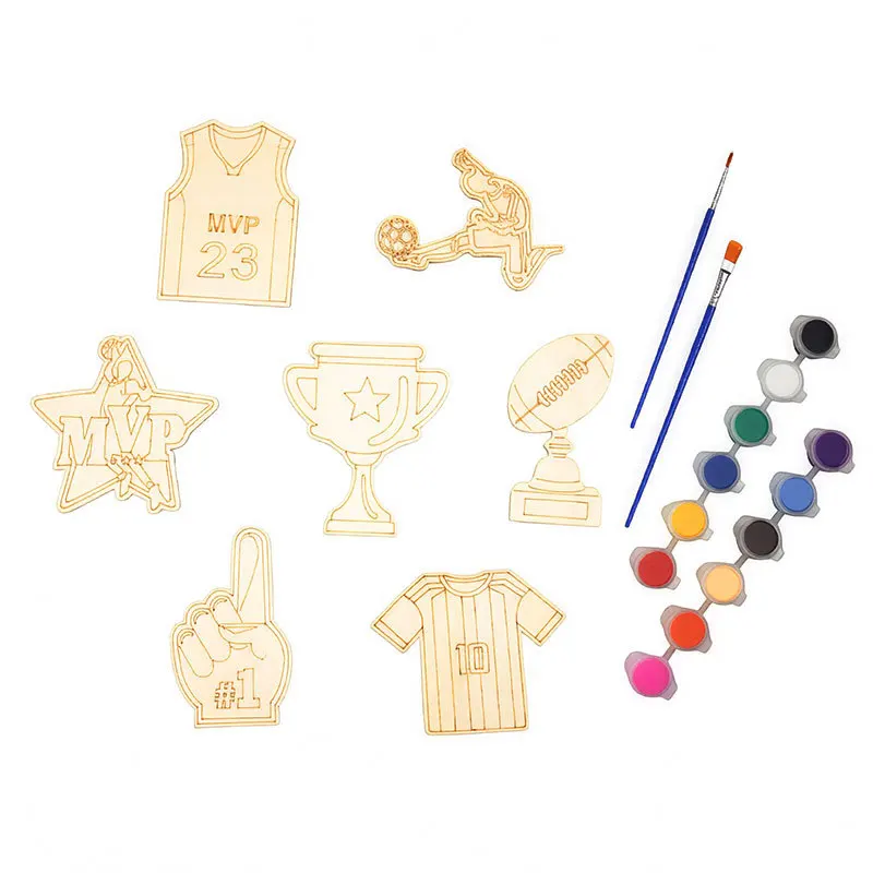 12Pcs Multi Type Wooden DIY Painting Craft Set Wooden Blank Ornament Football Basketball Birthday Party Gift