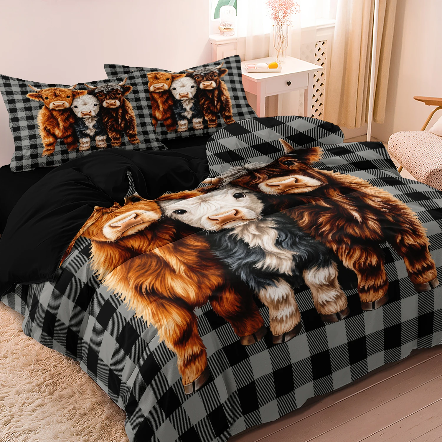 3Pcs Cute Highland Cow Duvet Cover Set, Black Grey Buffalo Fluffy Scottish Highland Cattle Rustic Farmhouse Animal‑Theme Bedding