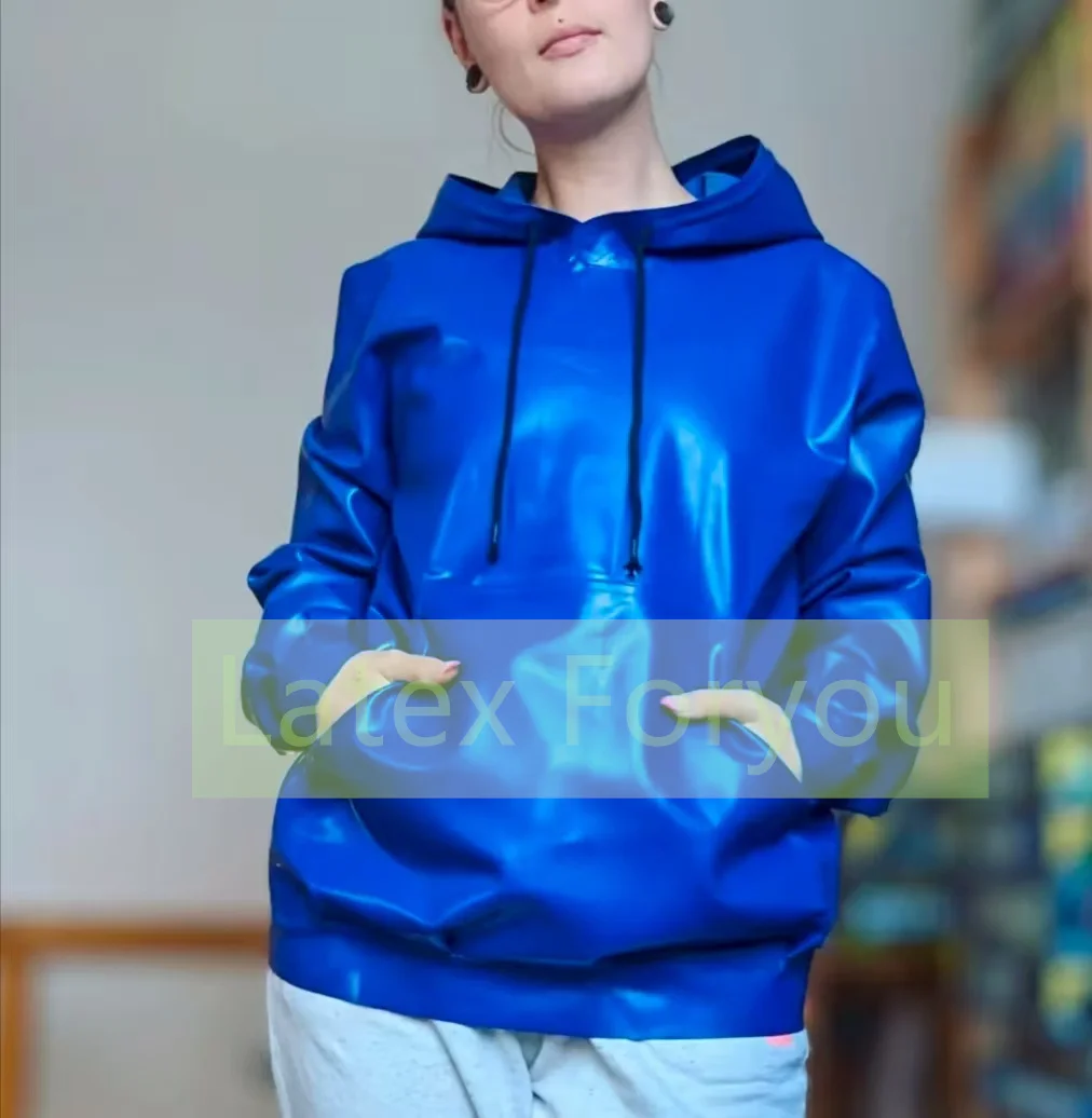 

Handmade Woman's Latex Coat With Pocket Rubber Gummi Lady's Casual Jacket Hoodie Role Fetish Latex Coat Top Daily Wear 0.4mm