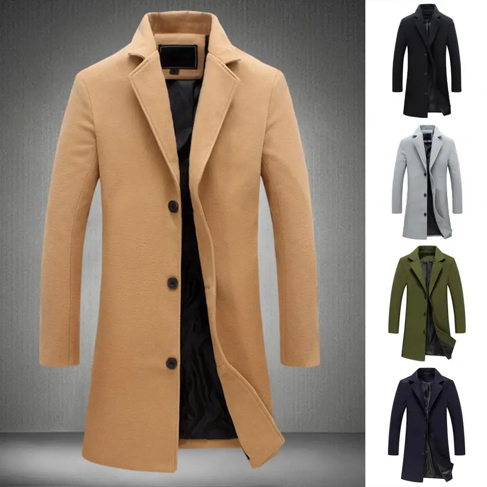 

Men Windbreaker Mid-length Solid Long Sleeves Lapel Turndown Collar Windproof Autumn Winter Coldproof Buttons Trench Coat