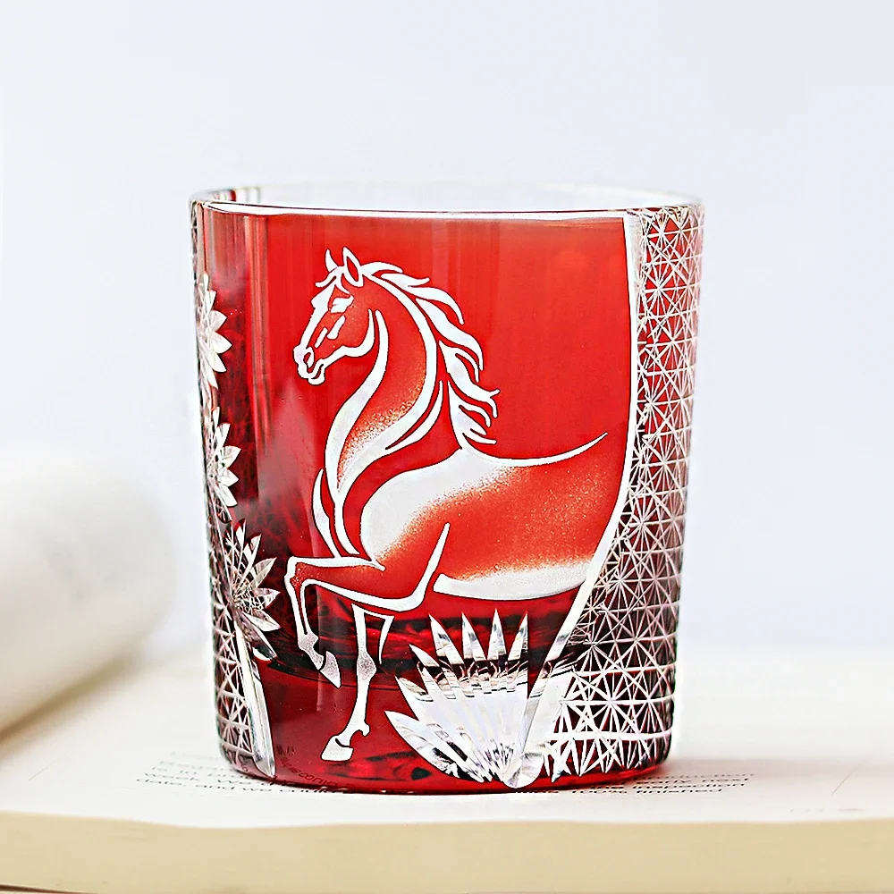 Edo Kiriko Japanese Crystal Whisky Glass - Hand Cut Horse Pattern for New Year 2026, Traditional Old Fashioned Tumbler 4