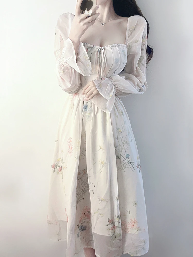 French Elegant Floral Print Flowy Chiffon Soft Puff Sleeve Square Neck Drawstring Long Midi Dress For Women Daily Wear Tea Party