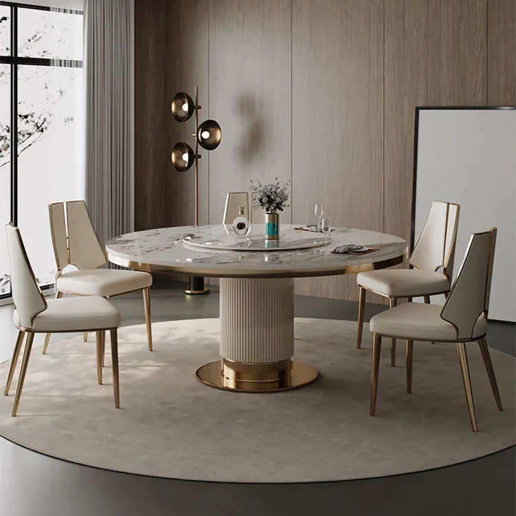 Luxury White and Gold Rock Slab Dining Table Set Modern Light Luxury Dining Room Furniture Round Dining Table Set New