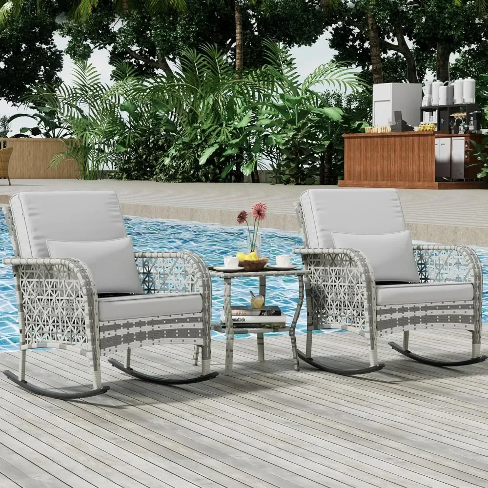 Rocking Chairs 3-Piece, All Weather Resistant, Rocking Wicker Bistro Set, Outdoor Furniture Conversation Set with Porch Chairs