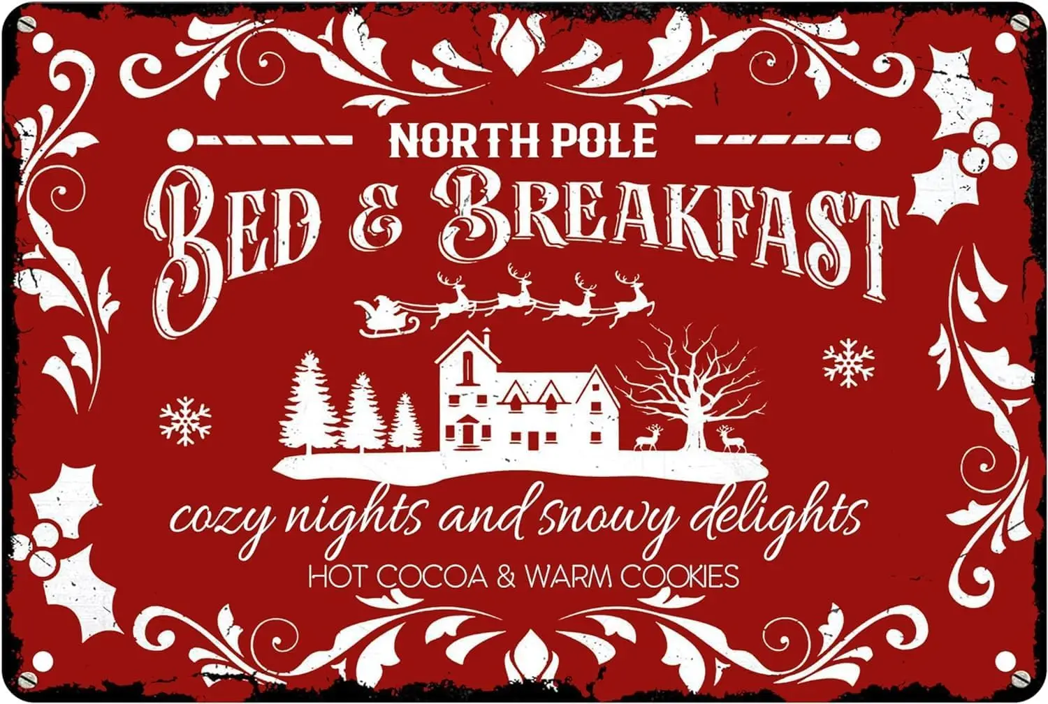 Aowotu Christmas Metal Tin Sign Decor North Pole Bedroom & Breakfast Sign, Kitchen Coffee Bar Decorations, Farmhouse Wall Ar