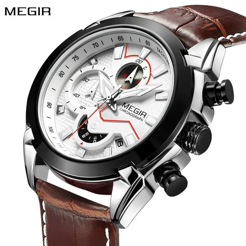 

MEGIR Military Sport Watch For Men Top Brand Watches Leather Strap Quartz Wristwatch Man Clock Chronograph Reloj Hombre