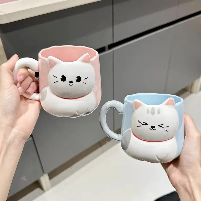 Cartoon 3D Embossed Ceramic Cup Cute Cat Coffee Milk Tea Breakfast Handle Cup Tableware Novelty Gift Home 500ml Mug