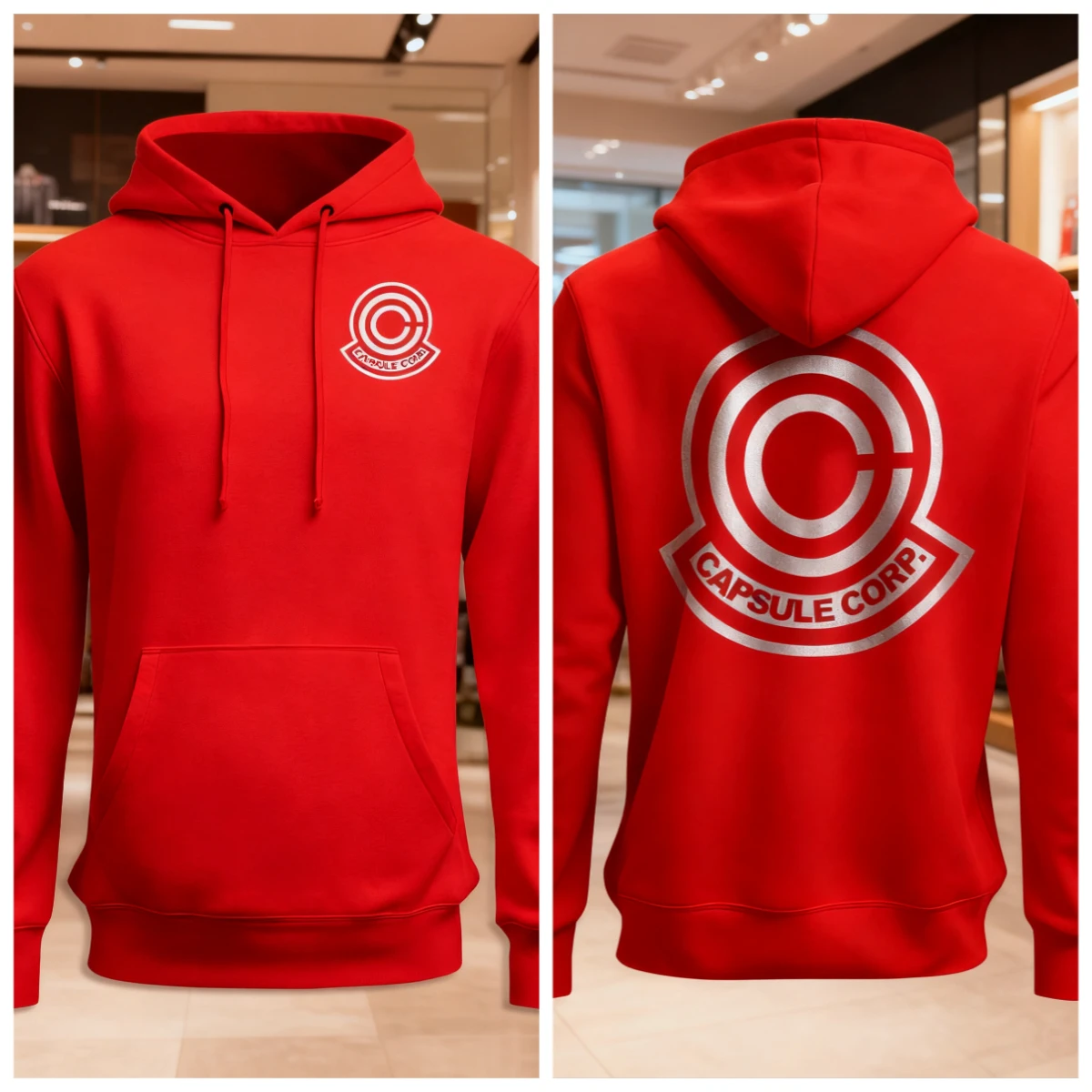 Dragon Ball Z Anime Baumwoll-Hoodie, rote Farbe, Charakterdruck mit Capsule Corp-Logo, Vorder- und Rückseite, lässige Streetwear