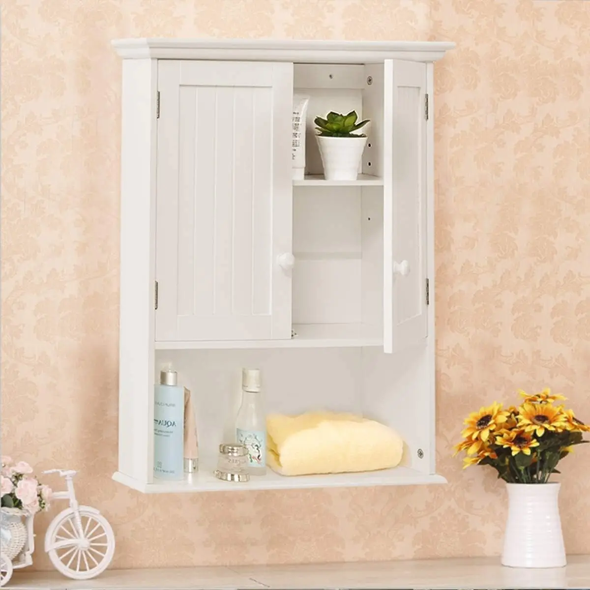 

Wall Mount Bathroom Cabinet, Medicine Cabinet with Open , Inner Adjustable , Bathroom Organizer Cupboard with Double Door, Comp