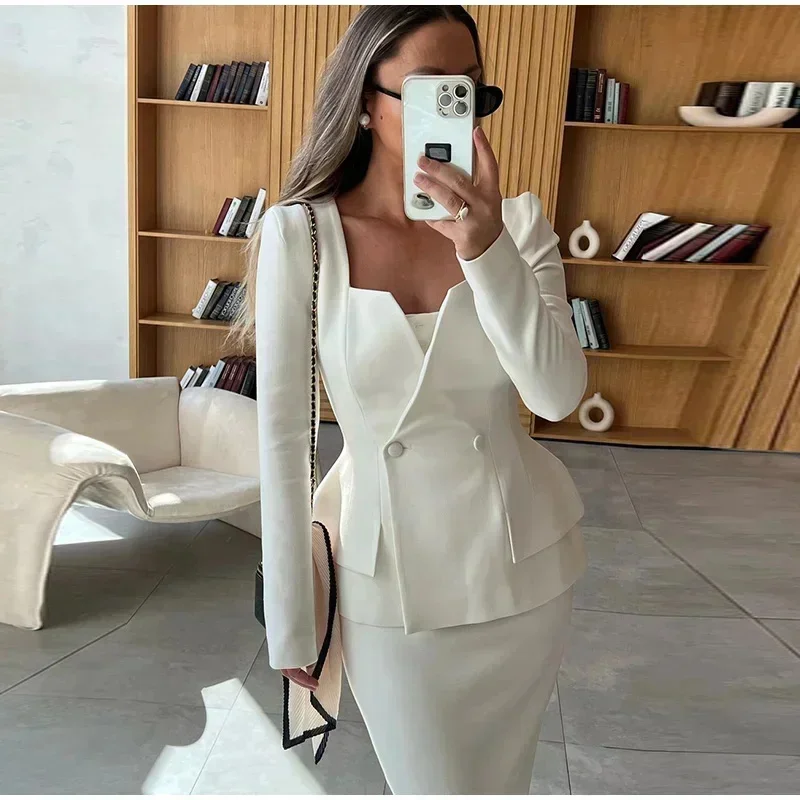 Elegant Women Coat Skirts Set White Square Collar Buttons Short Jacket Hip Package Long Skirts Fashion New Female 2 Piece Outfit