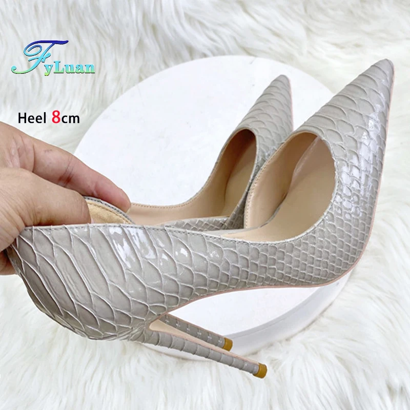 New Grey Snake Pattern Sexy High Heel Shoes 8 10 12CM Shallow Mouth Pumps Hollow Elegant Ladies Fashion Thin Tip Wedding Shoes