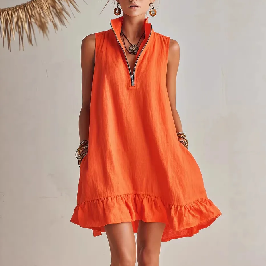 Summer Casual Loose Ruffles Mini Dresses Women Fashion Solid Zipper Sleeveless V-neck Short Dresses Ladies Holiday Party Dress