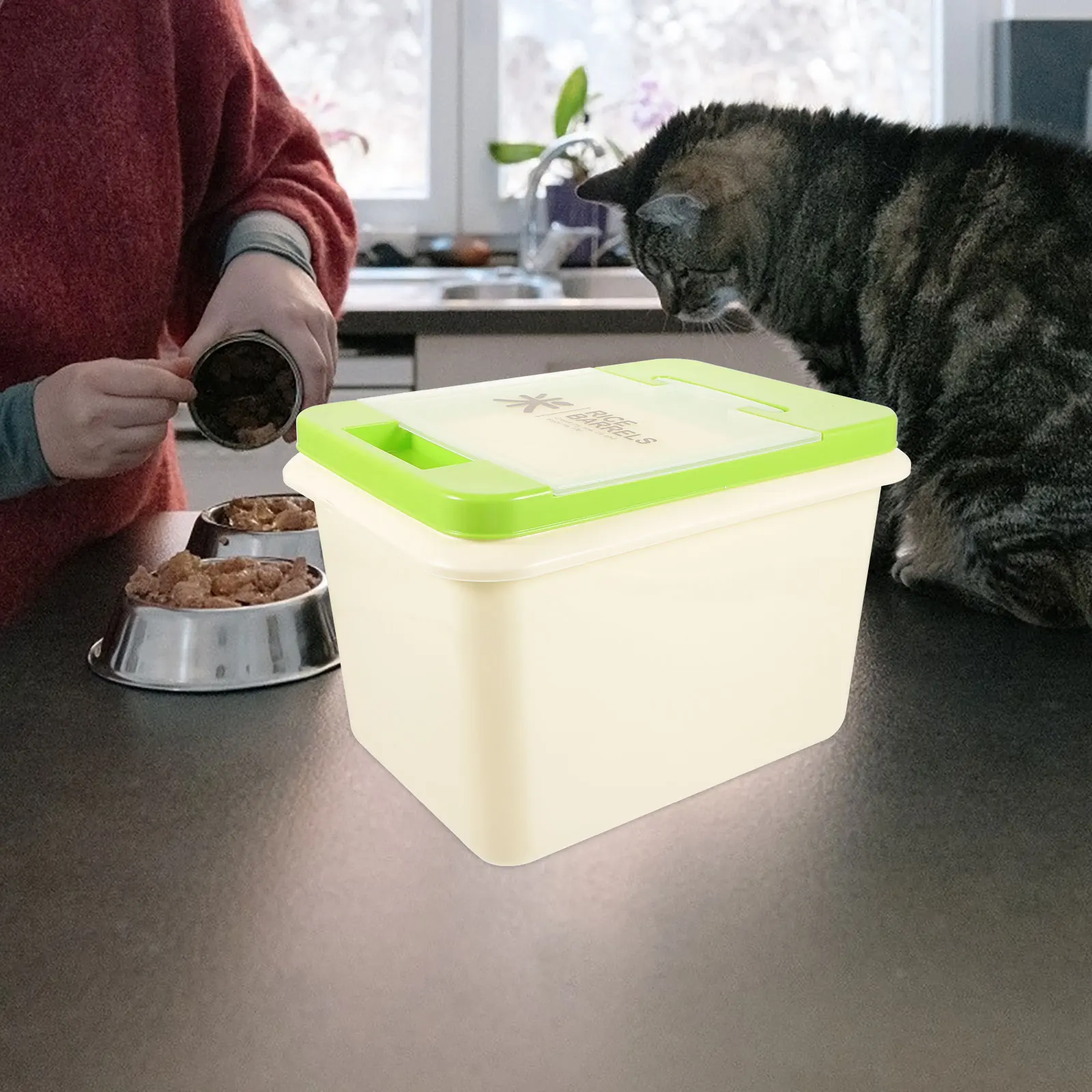 

10L Shallow Green Pet Food Barrel Large Capacity Dog Cat Food Storage Container Airtight Grain Box Household