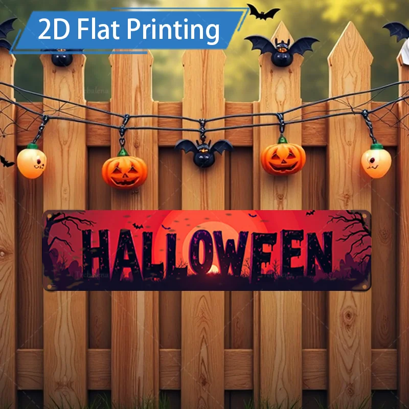 

1pc Metal Sign, 4x16inch Halloween Flat Printing Metal Sign with Pumpkin and Bat Decorations