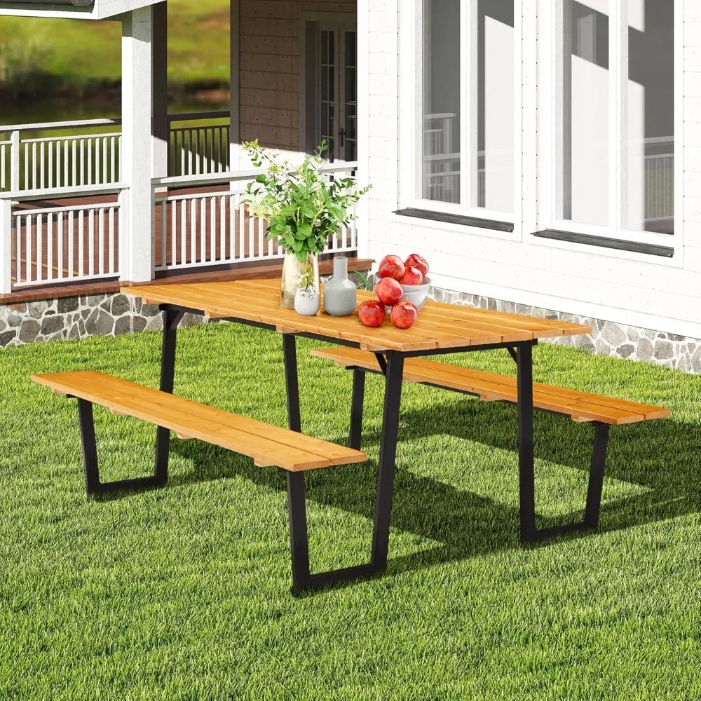 

70 Inch Outdoor Wood Picnic Table, Rectangular Patio Table and Bench Set, Heavy Duty Picnic Beer Table Bench Set