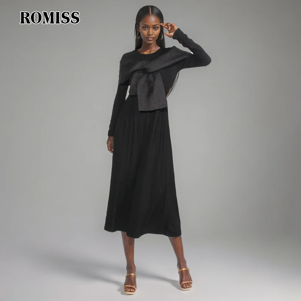 ROMISS Casual Minimalist Midi Dresses For Women Round Neck Long Sleeve High Waist Spliced Bowknot Solid Slimming Dress Female