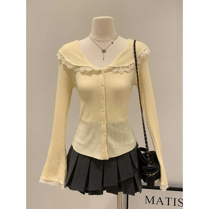 

French Style Solid Color Lace Splicing Peter Pan Collar Knitted Sweater Cardigan Women's 2024 Autumn New Sweet Spicy Top
