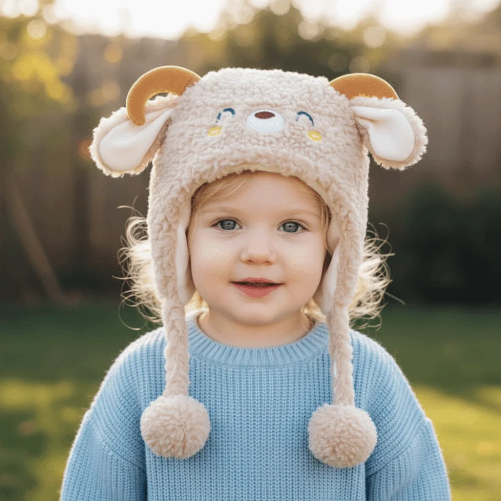 패션 만화 양 모양 비니 모자 두꺼운 방한 아기 귀 보호 모자 부드럽고 따뜻한 겨울 모자 남아 여아용