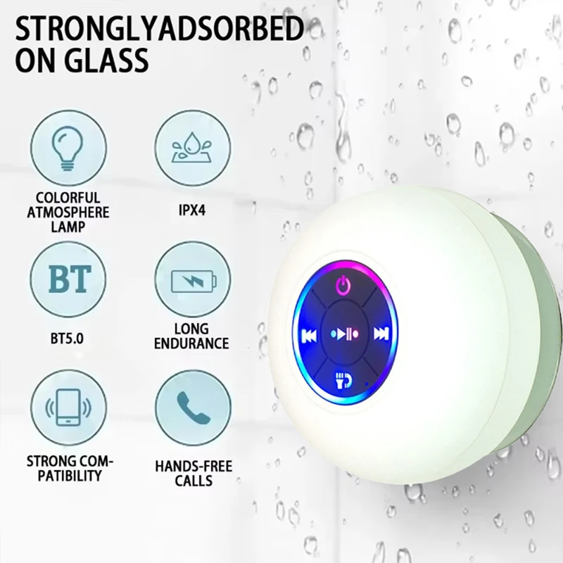 Haut-parleur de douche Bluetooth portable étanche avec ventouse et lumières LED, caisson de basses stéréo Surround 3D