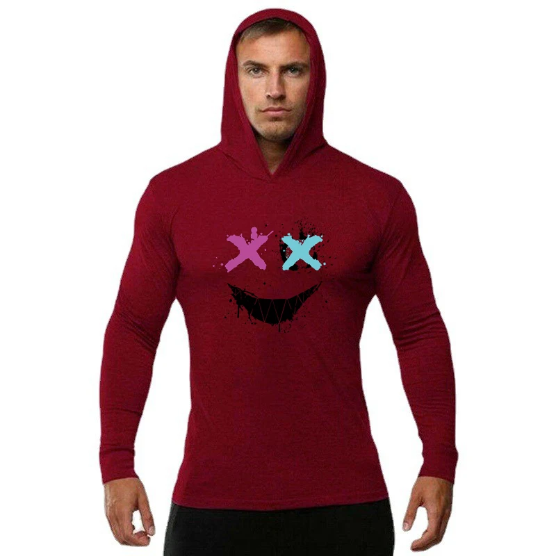 Mens Slim Fit Running Long Sleeve Cotton T-Shirt Trendy Personality Funny XX Smile Face Hoodie Gym Training Fitness Hooded Shirt