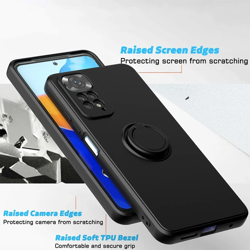 Liquid Silicone Ring Holder Soft Phone Case For Redmi Note 12 Pro 11 10 S 9S 9 Shockproof Back Cover For Xiaomi 11T 12T Pro Lite