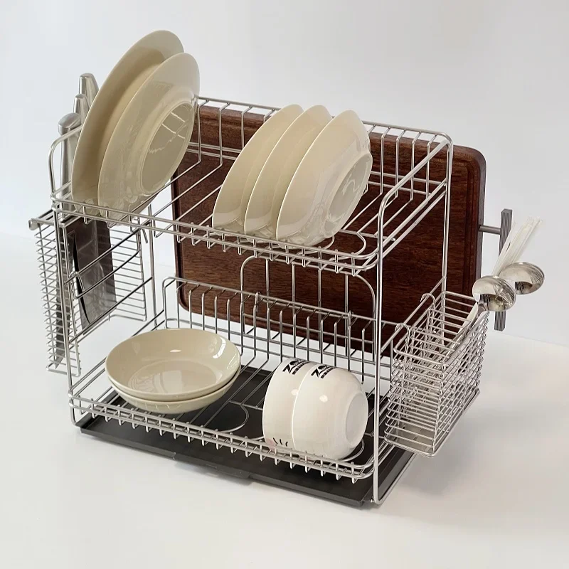 304 Stainless Steel Dish Rack 2Tier Kitchen Drainer with Utensil Holder Countertop Plate Storage Organizer Rustproof Drying Rack