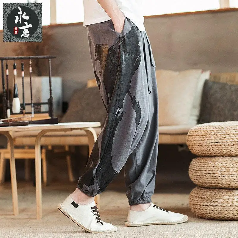 

Осенние хлопковые льняные брюки для мужчин, свободные длинные брюки-харлан с принтом, большие размеры, молодежные повседневные модные штаны